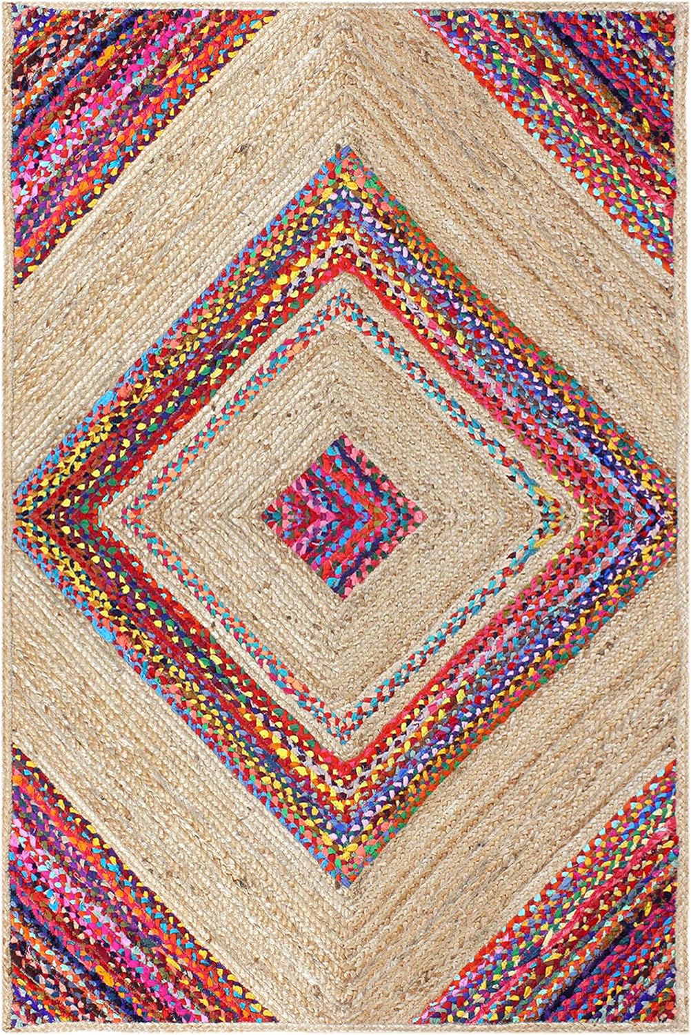 Multicolor Braided Chindi Cotton & Jute Rug Geometric Design