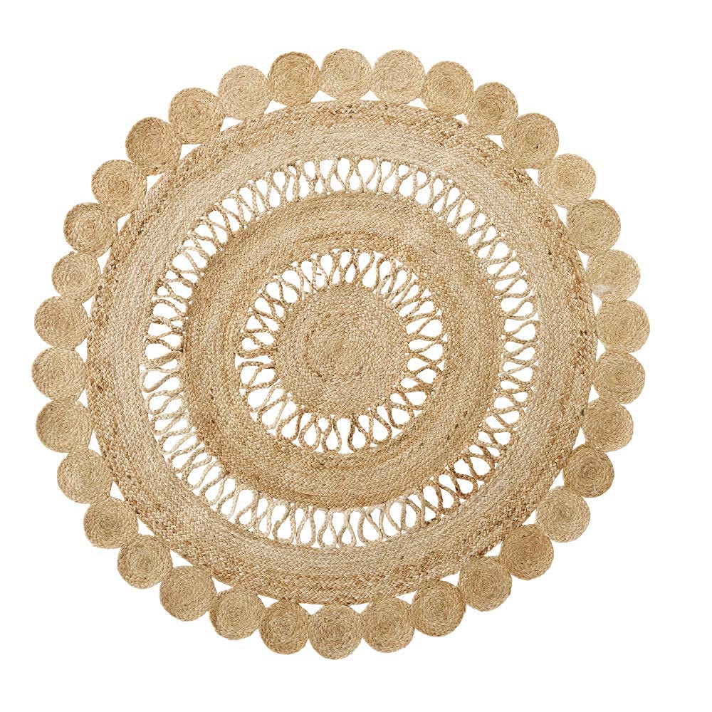 Handwoven Round Carpet – Beige Center with Double Jute Rope Border