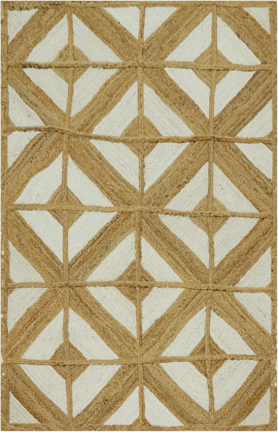 White & Beige Diamond Pattern Hand-Braided Jute Runner Rug