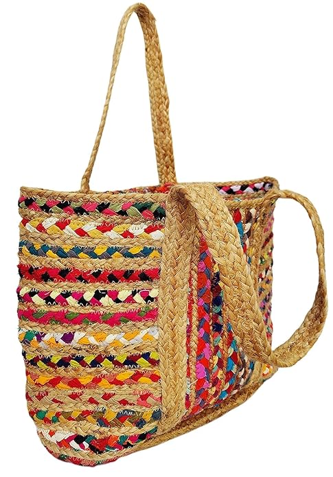 Multi-Color Hand-Woven Jute & Cotton Tote – Beach & Supermart Bag
