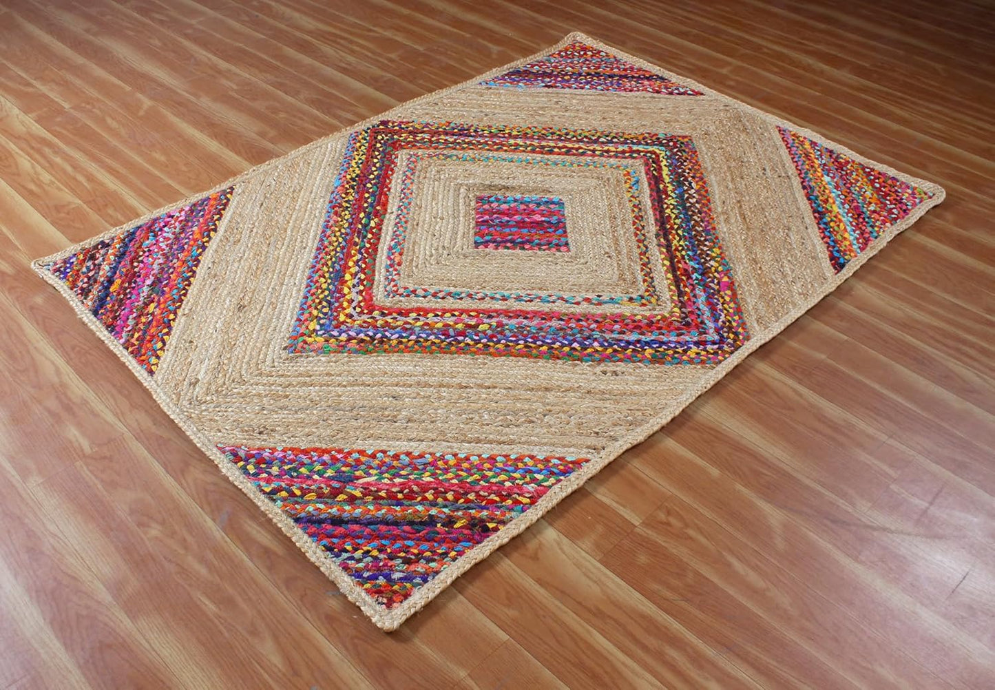 Multicolor Braided Chindi Cotton & Jute Rug Geometric Design
