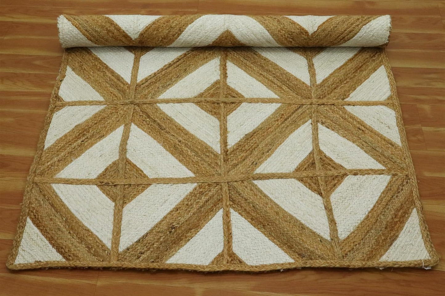White & Beige Diamond Pattern Hand-Braided Jute Runner Rug