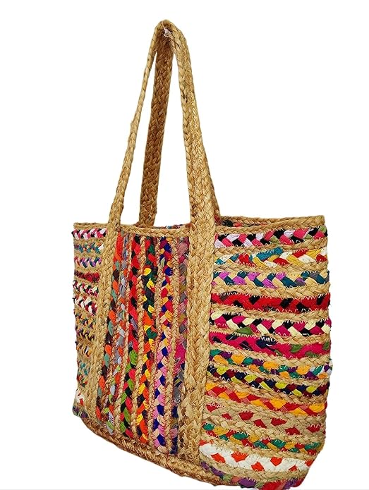 Multi-Color Hand-Woven Jute & Cotton Tote – Beach & Supermart Bag