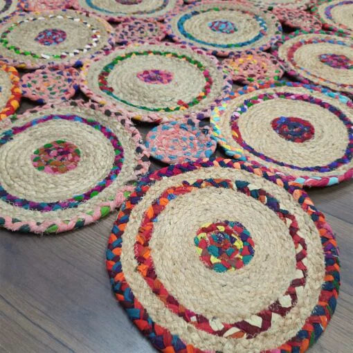 Handmade Jute Beige & Multicolor | Rectangular & Circular Design
