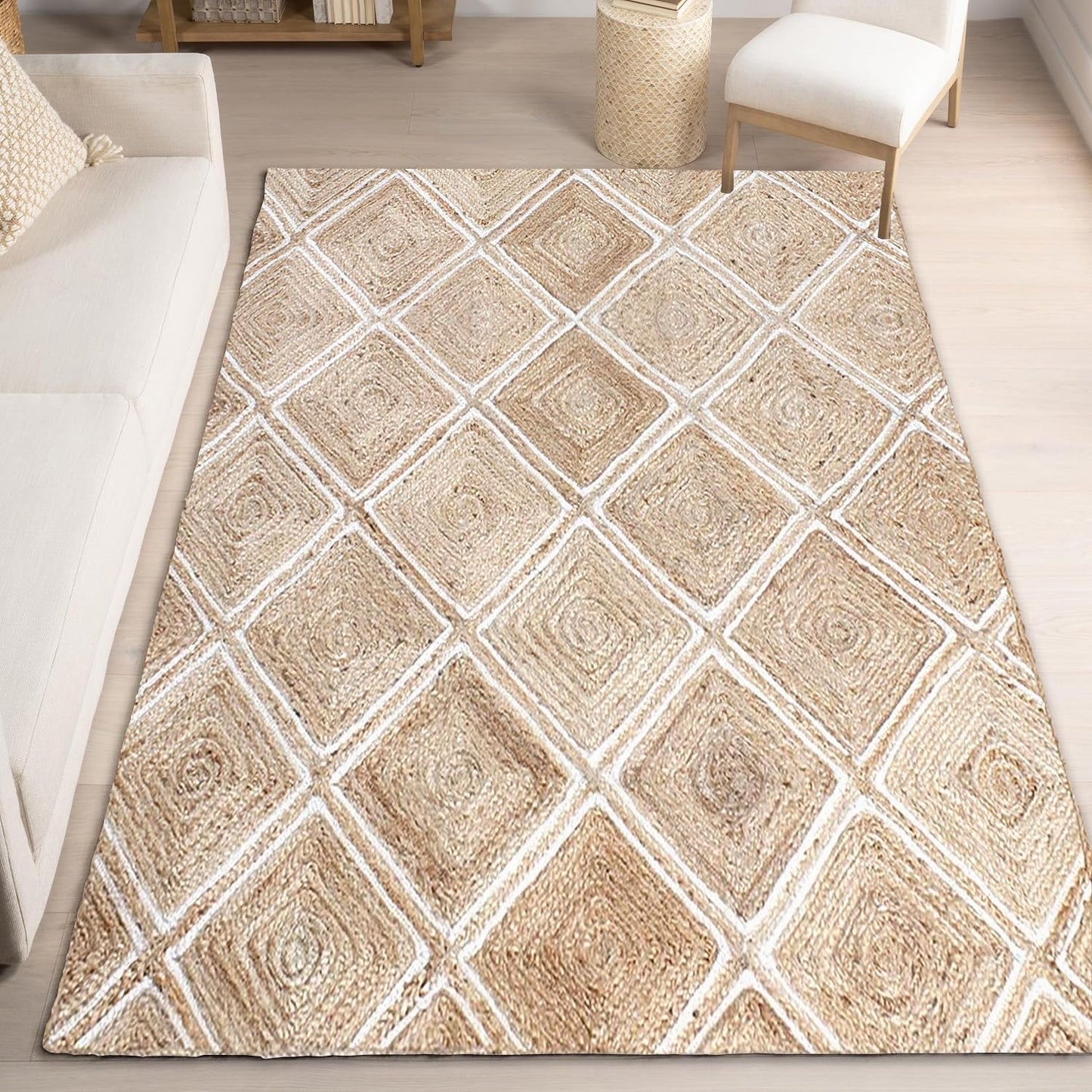 Braided Natural White Diamond Jute Hand-Woven Rug