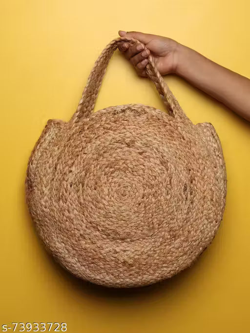 Natural Handwoven Jute Round Handbag for Women – Beige