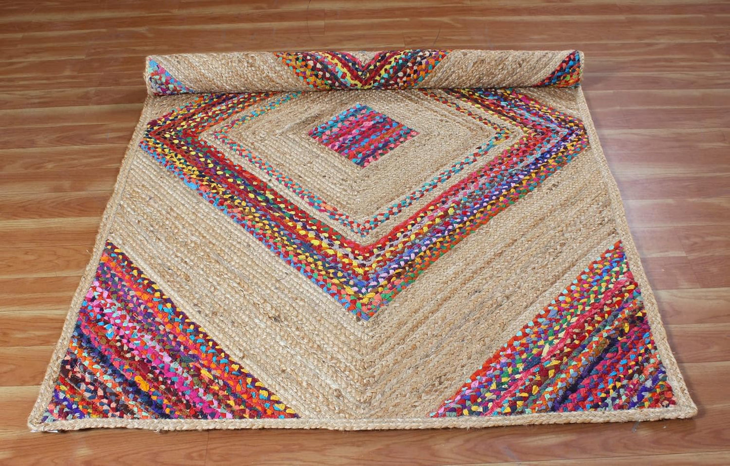 Multicolor Braided Chindi Cotton & Jute Rug Geometric Design