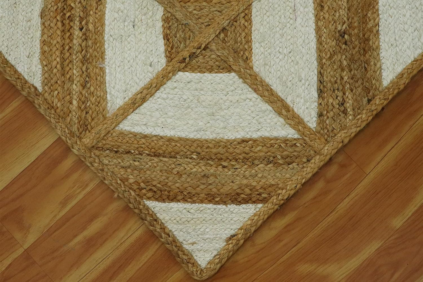 White & Beige Diamond Pattern Hand-Braided Jute Runner Rug