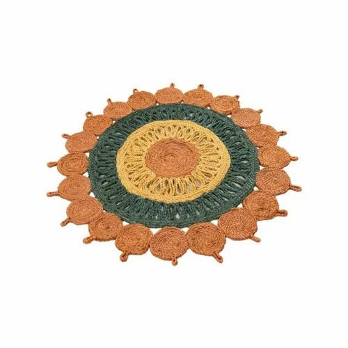 Orange, Green & Yellow Hand-Braided Jute Round Rug