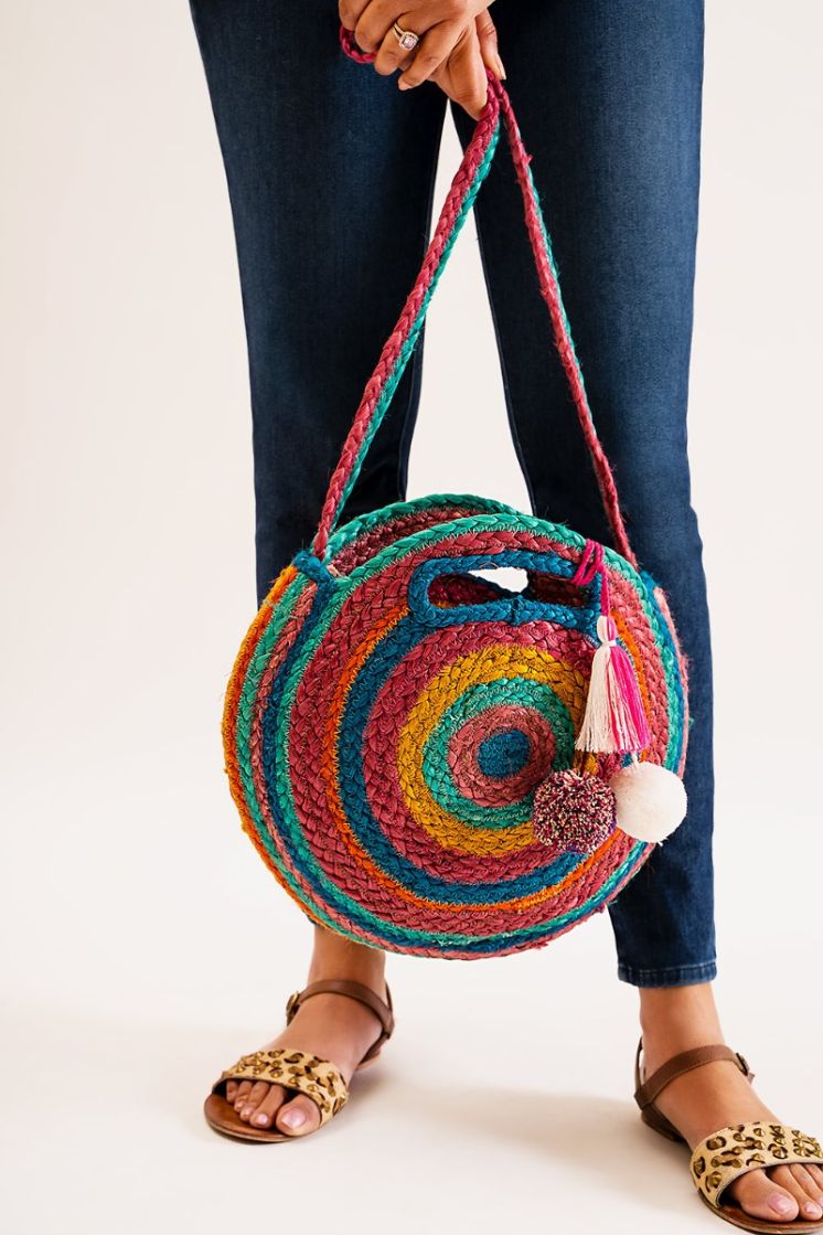 Natural Handwoven Jute Round Handbag for Women – Beige