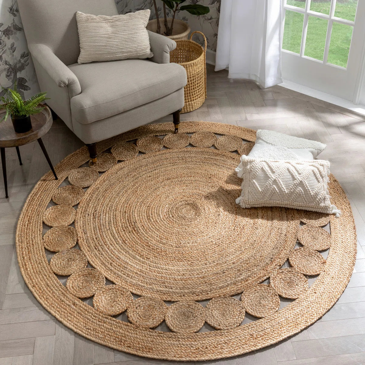 Handmade Braided Jute Rectangle Carpet with Circular Design