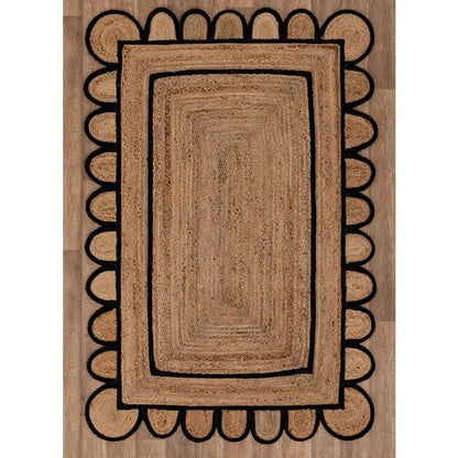 Scalloped Edge Jute Rug – Natural Base with Off-White & Black