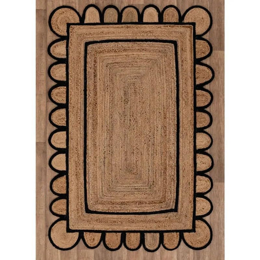 Scalloped Edge Jute Rug – Natural Base with Off-White & Black