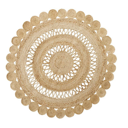 Handwoven Round Carpet – Beige Center with Double Jute Rope Border
