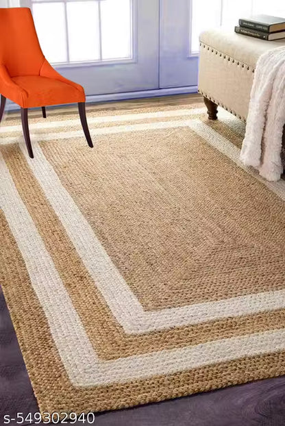 Handloom Jute Carpet – Brown, White & Beige Rectangular Rug