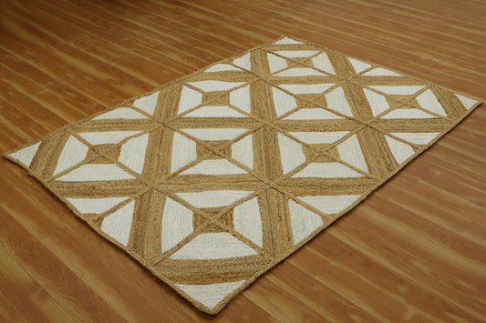 White & Beige Diamond Pattern Hand-Braided Jute Runner Rug