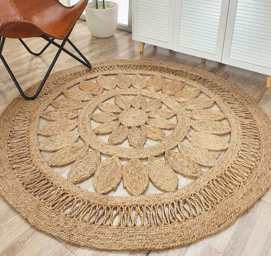 Natural Color Jute Round Rug – Handcrafted Boho Floor