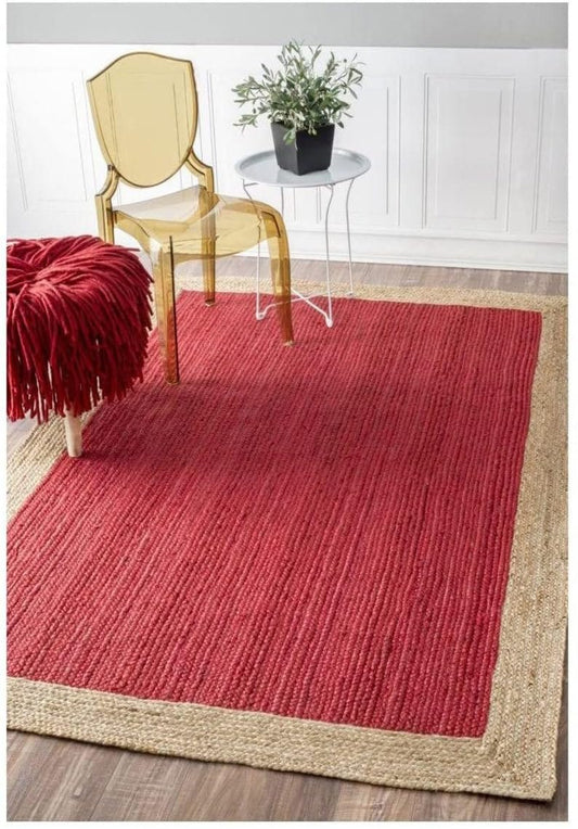 Solid Rectangle Jute Rug – Handwoven Red & Beige Braided Carpet