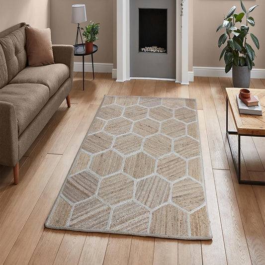 Hexagonal White Pattern Braided Jute Rug