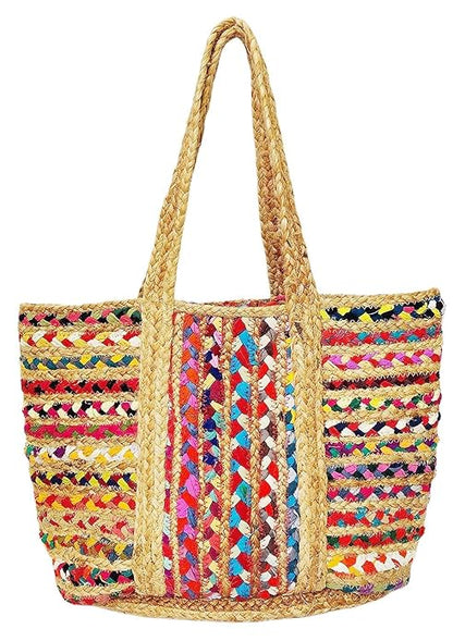 Multi-Color Hand-Woven Jute & Cotton Tote – Beach & Supermart Bag
