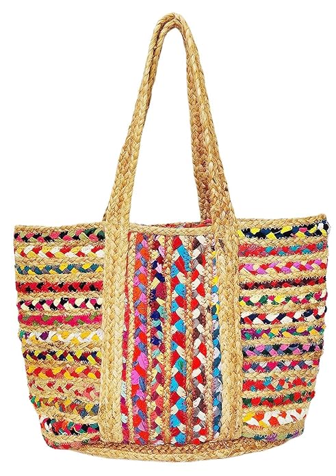 Multi-Color Hand-Woven Jute & Cotton Tote – Beach & Supermart Bag