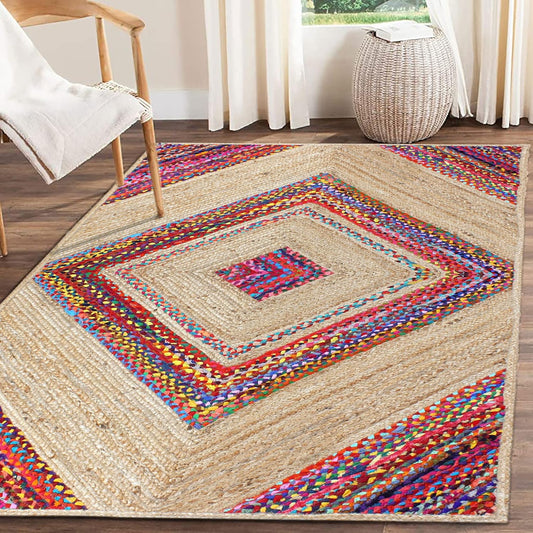 Multicolor Braided Chindi Cotton & Jute Rug Geometric Design