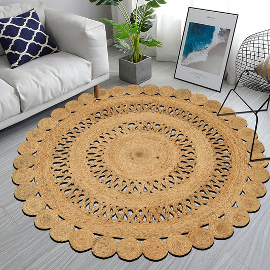 Handwoven Round Carpet – Beige Center with Double Jute Rope Border