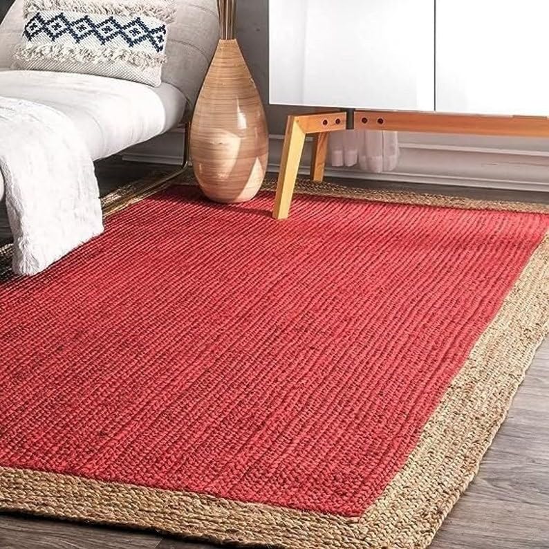 Solid Rectangle Jute Rug – Handwoven Red & Beige Braided Carpet