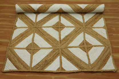 White & Beige Diamond Pattern Hand-Braided Jute Runner Rug
