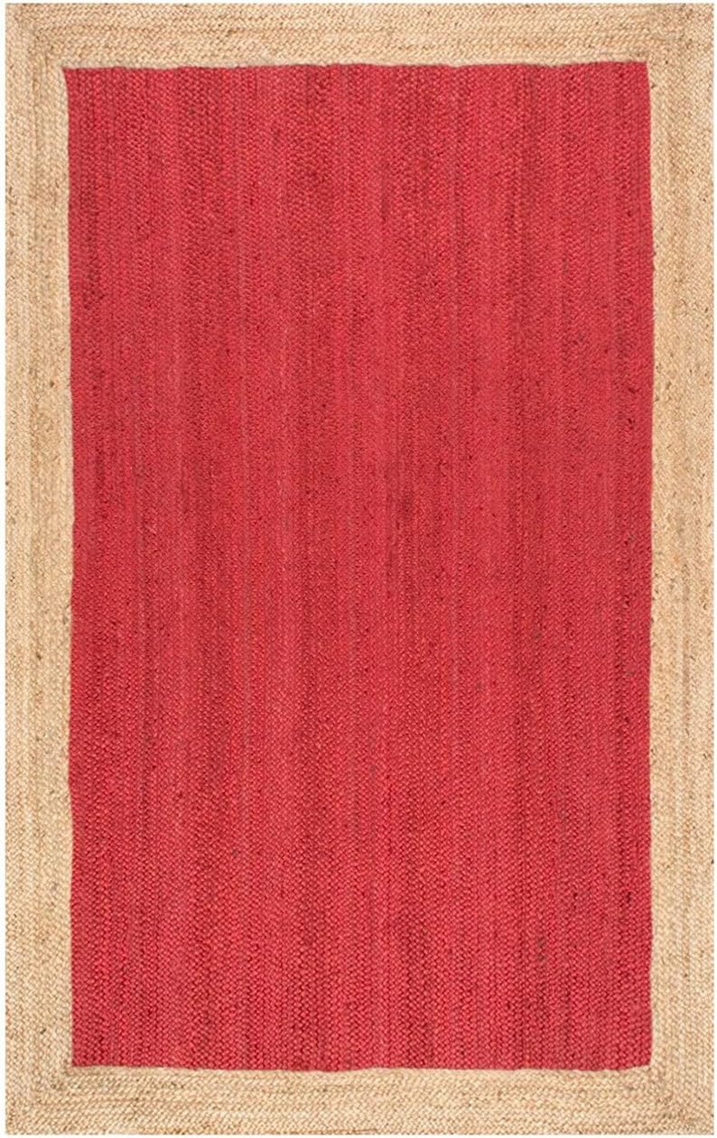 Solid Rectangle Jute Rug – Handwoven Red & Beige Braided Carpet
