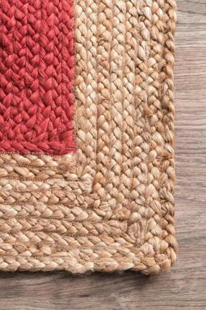 Solid Rectangle Jute Rug – Handwoven Red & Beige Braided Carpet