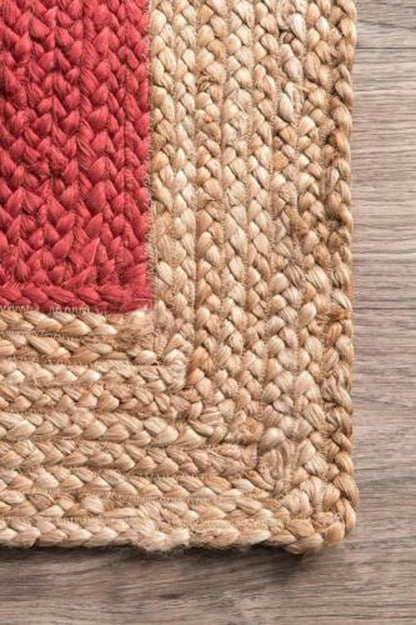 Solid Rectangle Jute Rug – Handwoven Red & Beige Braided Carpet