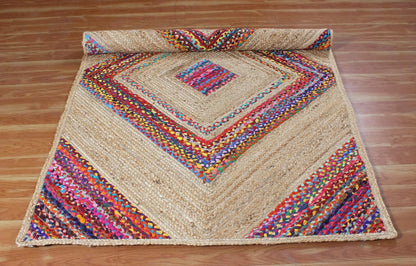 Multicolor Braided Chindi Cotton & Jute Rug Geometric Design