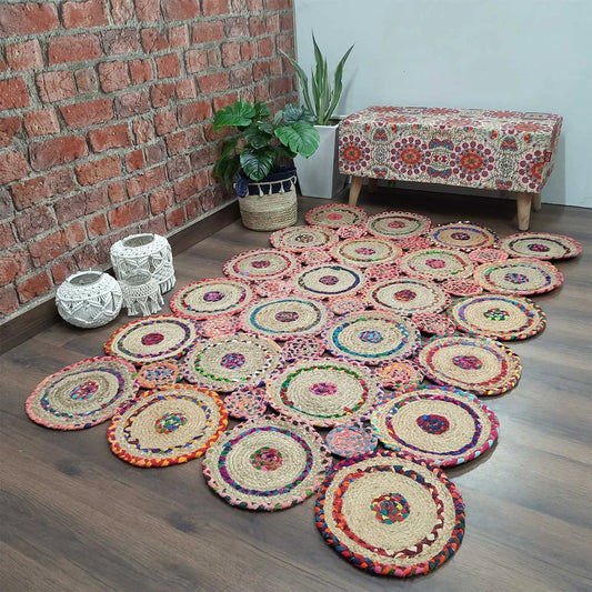 Handmade Jute Beige & Multicolor | Rectangular & Circular Design