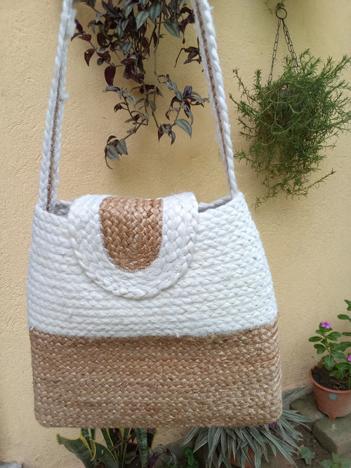White & Natural Two-Tone Jute Handbag with Flap Cover