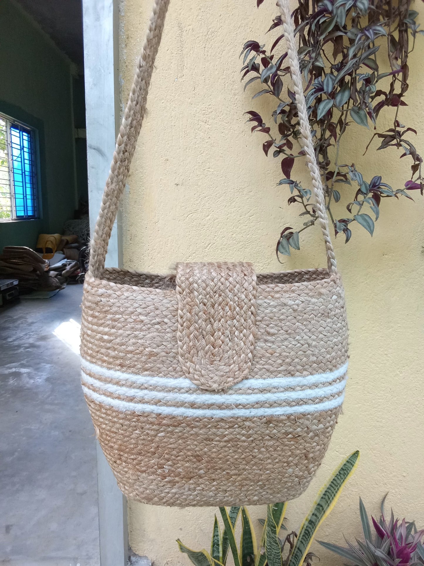 Natural Jute Braided white strip Bag with Flap Closure