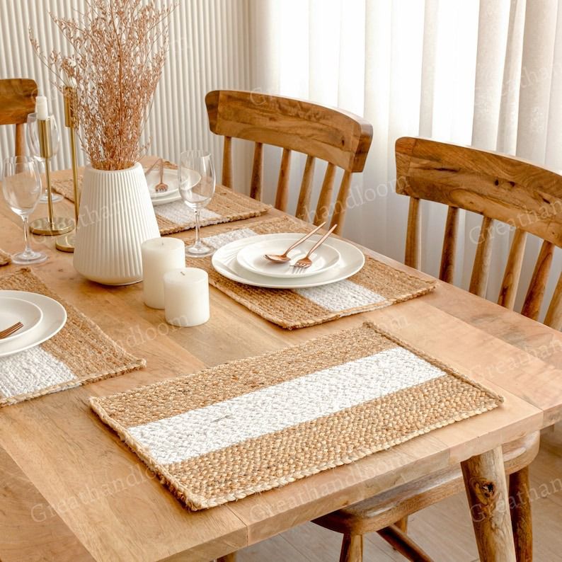 Rectangular Natural Jute Placemats with White Strip
