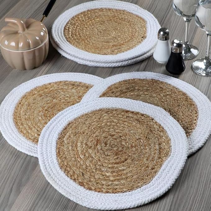 Set of 6 Natural Jute Braided Placemats only with White Border
