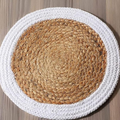 Set of 6 Natural Jute Braided Placemats only with White Border
