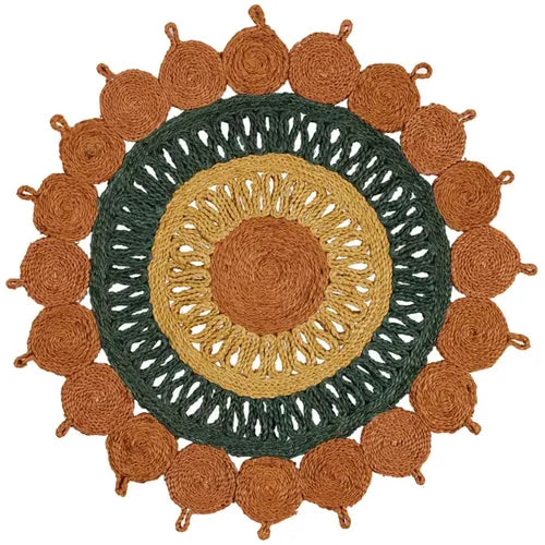 Orange, Green & Yellow Hand-Braided Jute Round Rug