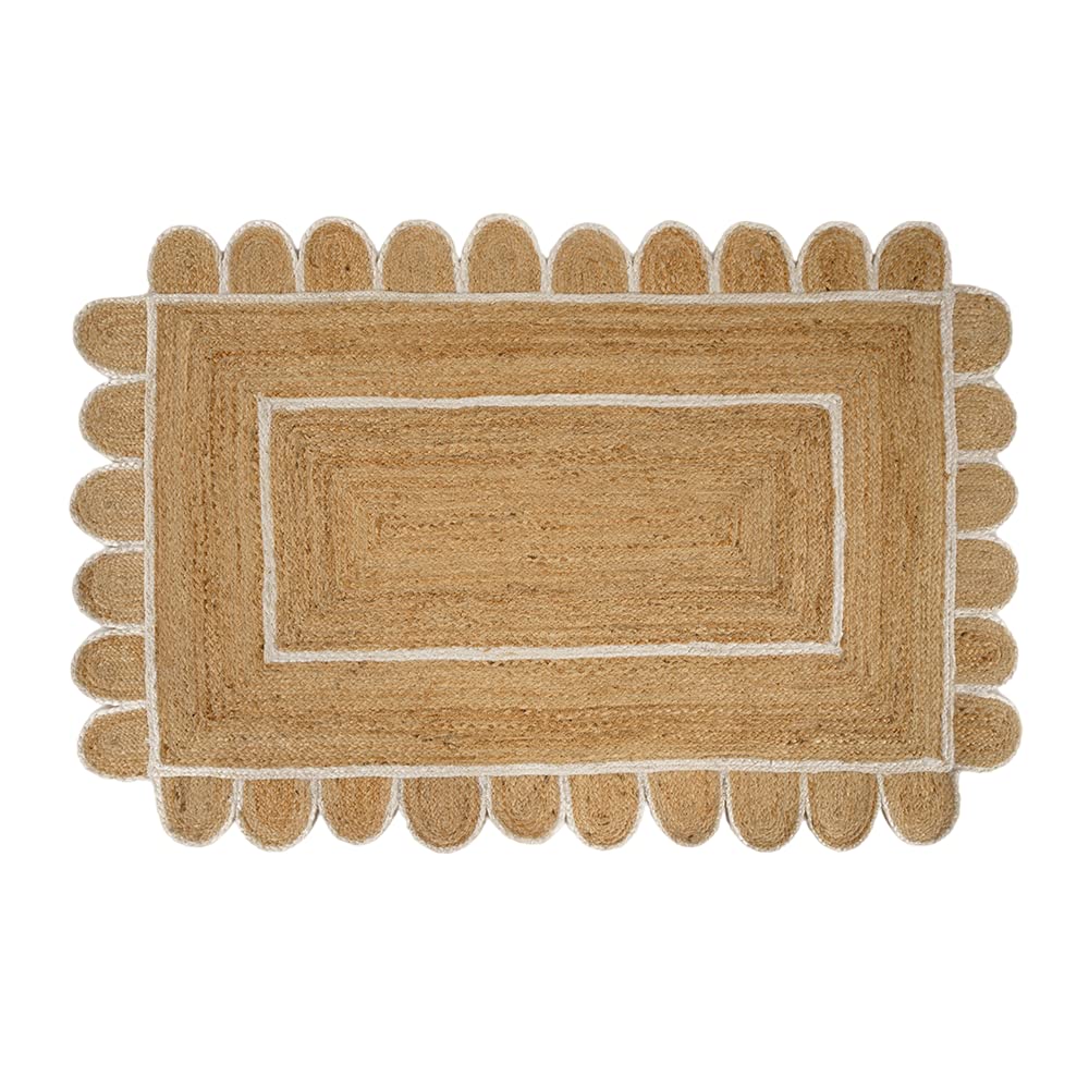 Scalloped Edge Jute Rug – Natural Base with Off-White & Black